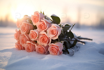 雪地上的一束粉色玫瑰