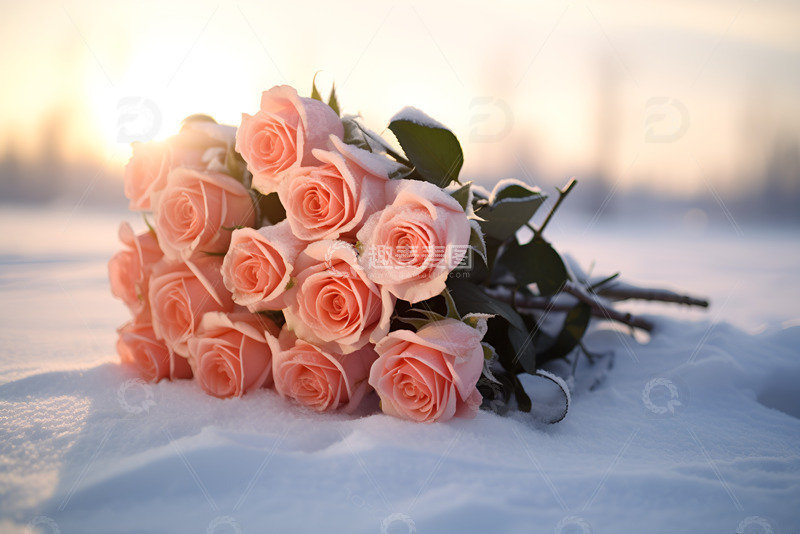 高清大图下载【趣麦麦图】雪地上的一束粉色玫瑰