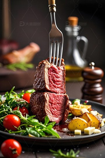叉子叉牛排摄影图