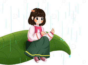 手绘粉裙女孩雨水植物儿童