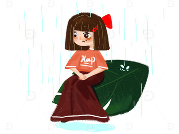 简洁风红裙女孩雨水植物儿童