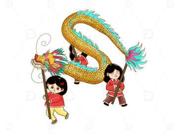 手绘黄色龙抬头舞龙