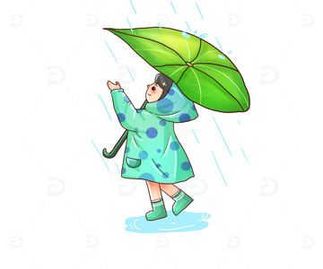 手绘雨打树叶伞的人