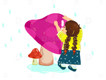 可爱风蓝裙女孩雨水植物儿童