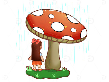 手绘女孩与蘑菇雨水植物儿童