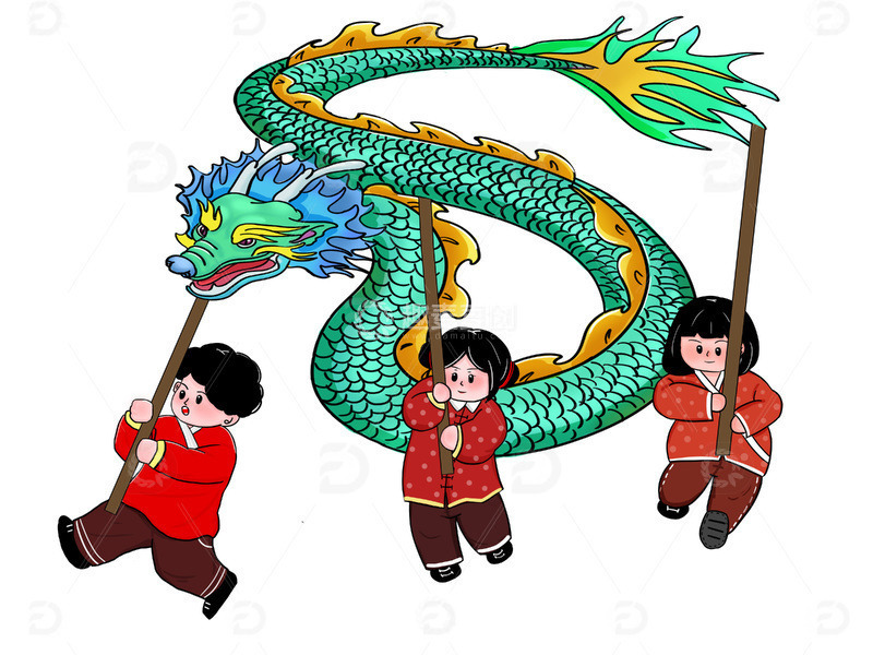 源文件下载【趣麦麦图】-手绘红衣儿童龙抬头舞龙