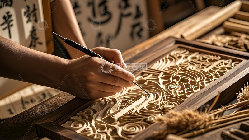 高清大图下载【趣麦麦图】中国风文化传承老工匠专注木雕工艺