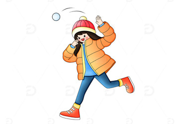 卡通手绘冬天打雪仗的女孩