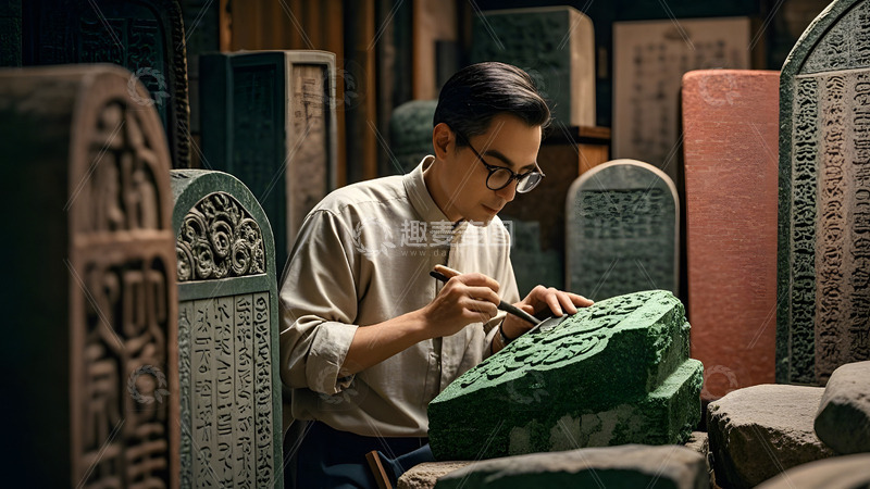 高清大图下载【趣麦麦图】中国风文化工匠夜间专注石碑雕刻
