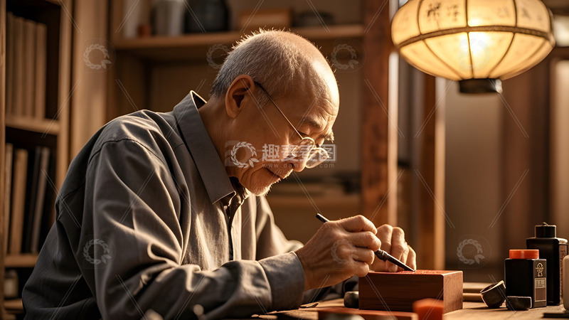 高清大图下载【趣麦麦图】中国风文化传承老工匠室内专注雕刻艺术