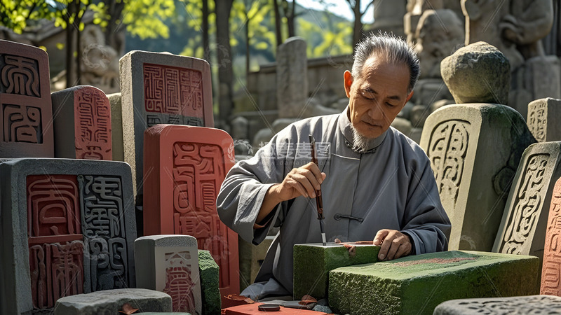 高清大图下载【趣麦麦图】中国风文化老工匠户外展示传统雕刻艺术