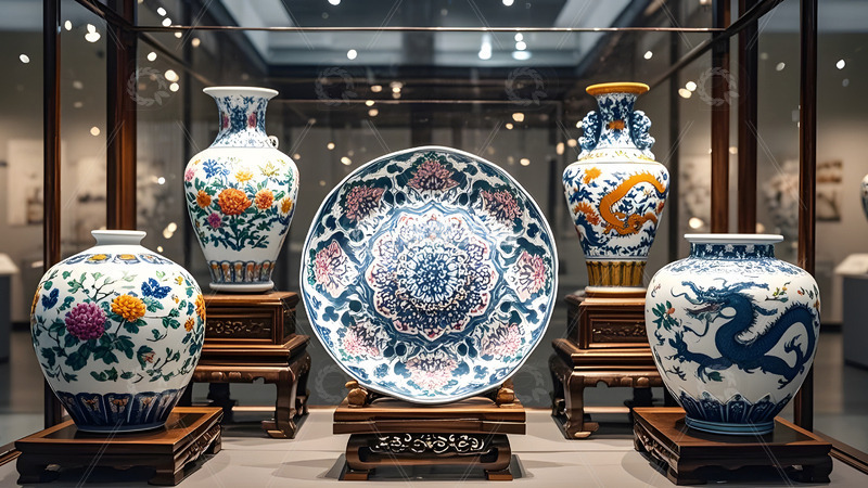 高清大图下载【趣麦麦图】彩绘陶瓷花瓶与大盘展览传统文化艺术