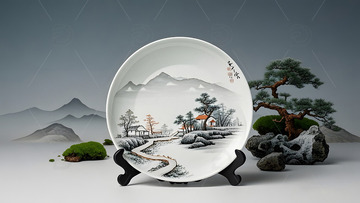中国山水景观陶瓷盘传统文化艺术摆件中国风