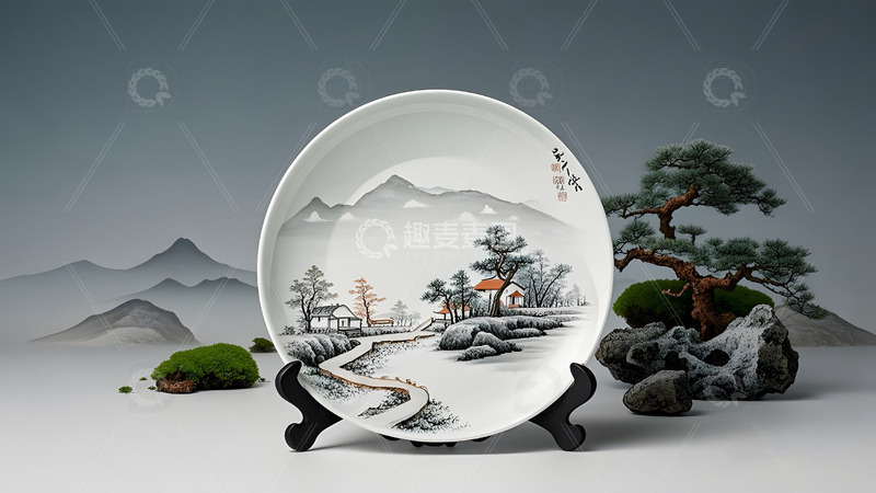 高清大图下载【趣麦麦图】中国山水景观陶瓷盘传统文化艺术摆件中国风
