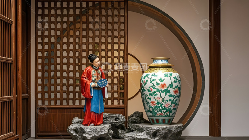 高清大图下载【趣麦麦图】陶瓷大罐与古装人偶中国风传统文化艺术场景