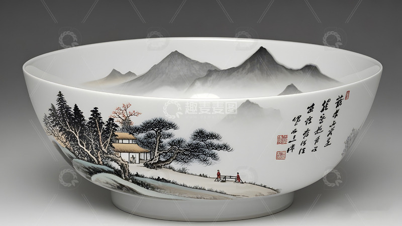 高清大图下载【趣麦麦图】中国山水书法纹样瓷碗传统文化艺术中国风