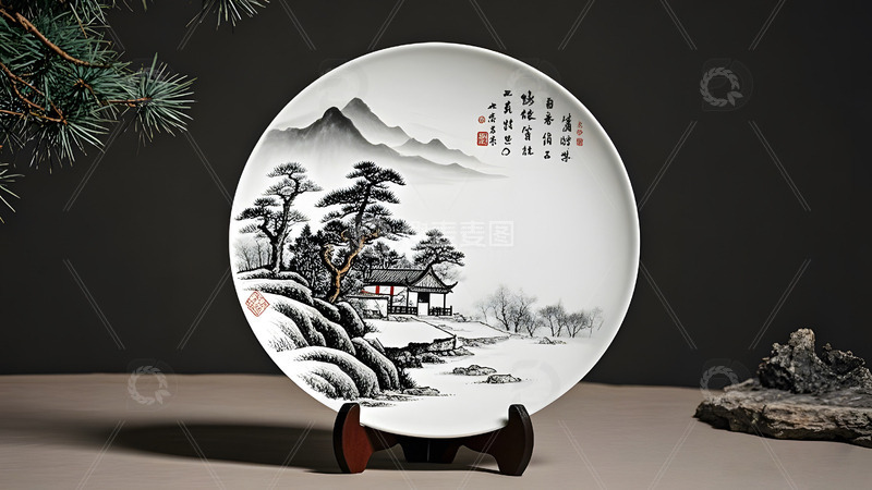 高清大图下载【趣麦麦图】黑白山水书法纹陶瓷盘传统中国风艺术摆件