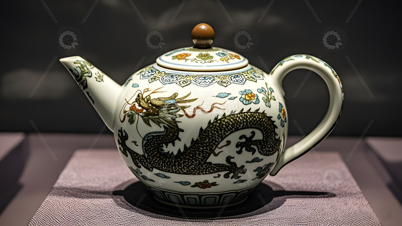 高清大图下载【趣麦麦图】青绿龙纹陶瓷茶壶中国风传统文化艺术收藏品