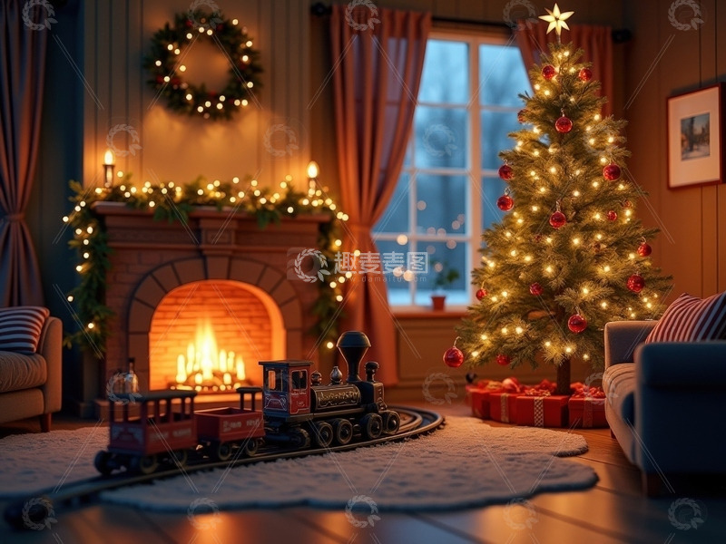 高清大图下载【趣麦麦图】圣诞节客厅小火车