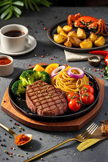 牛排意面美食摄影图