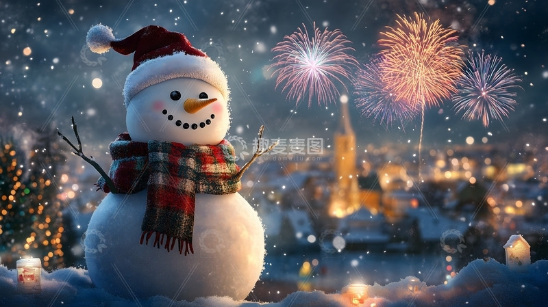 高清大图下载【趣麦麦图】圣诞节日雪人雪地城市烟花庆祝背景