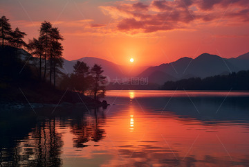 夕阳西下的湖泊