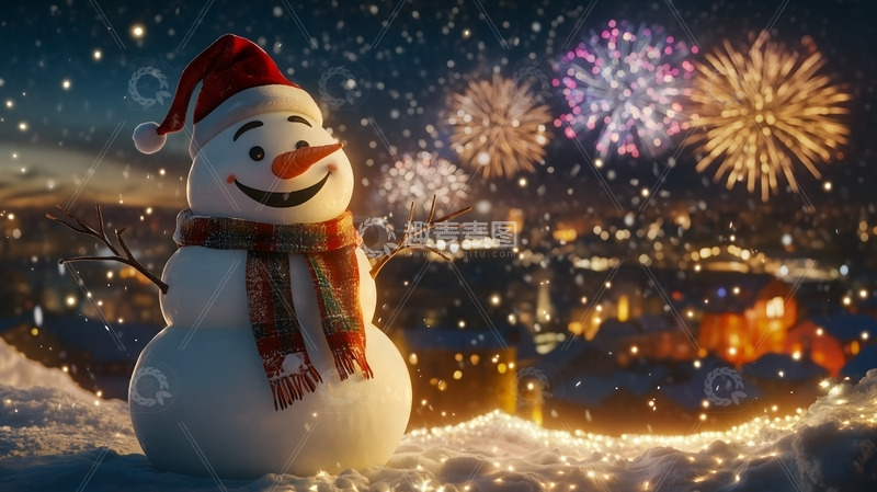 高清大图下载【趣麦麦图】圣诞节雪地雪人烟花背景