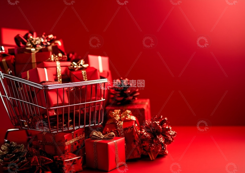 高清大图下载【趣麦麦图】简约红色促销购物节日购物车礼盒背景