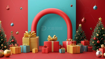 红色圣诞节日活动背景圣诞树礼物红色拱门