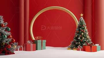 红色圣诞节日活动背景圣诞树礼物雪地金色拱门