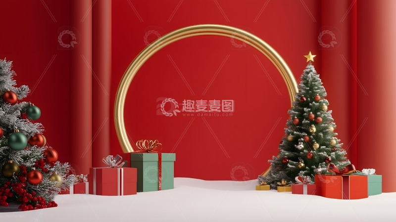 高清大图下载【趣麦麦图】-红色圣诞节日活动背景圣诞树礼物雪地金色拱门