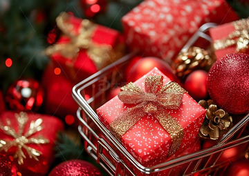 节日促销购物车内红色奢华礼品礼物盒