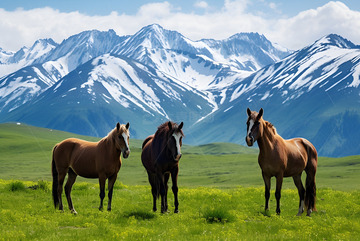 雪山草原下吃草的马匹