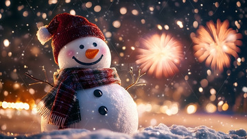 圣诞节雪人雪地城市烟花背景