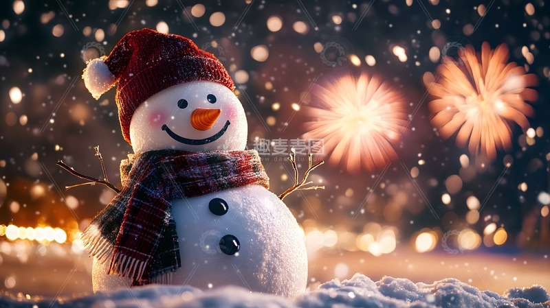 高清大图下载【趣麦麦图】圣诞节雪人雪地城市烟花背景