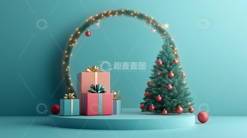 高清大图下载【趣麦麦图】-圣诞节日活动背景礼物圣诞树植物拱门
