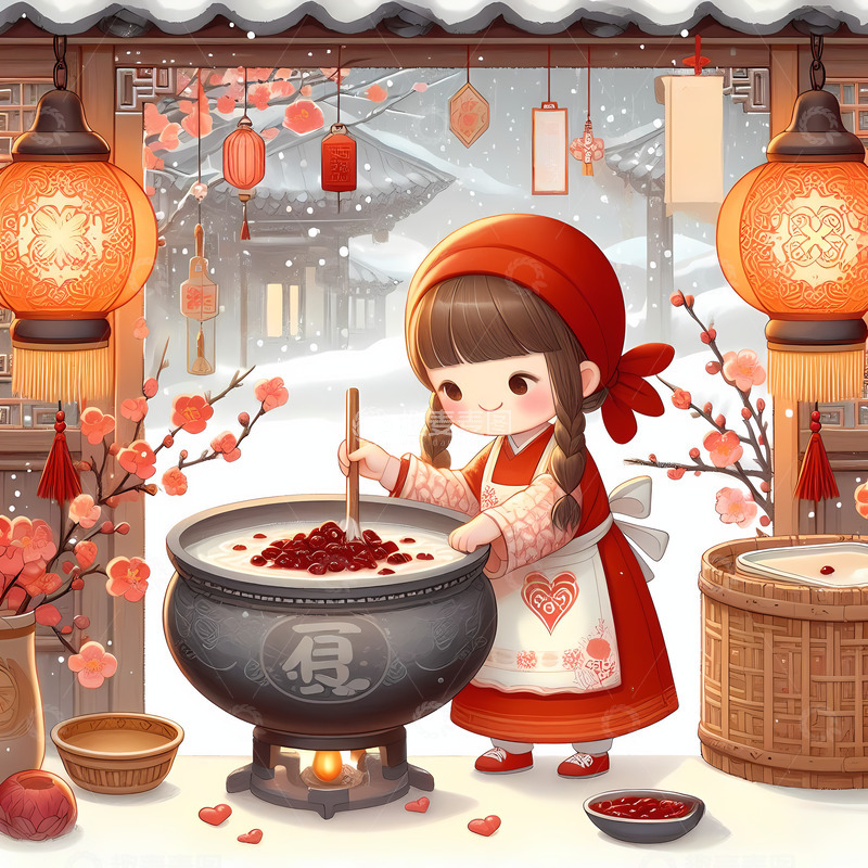 高清大图下载【趣麦麦图】腊八节煮腊八粥国潮冬天