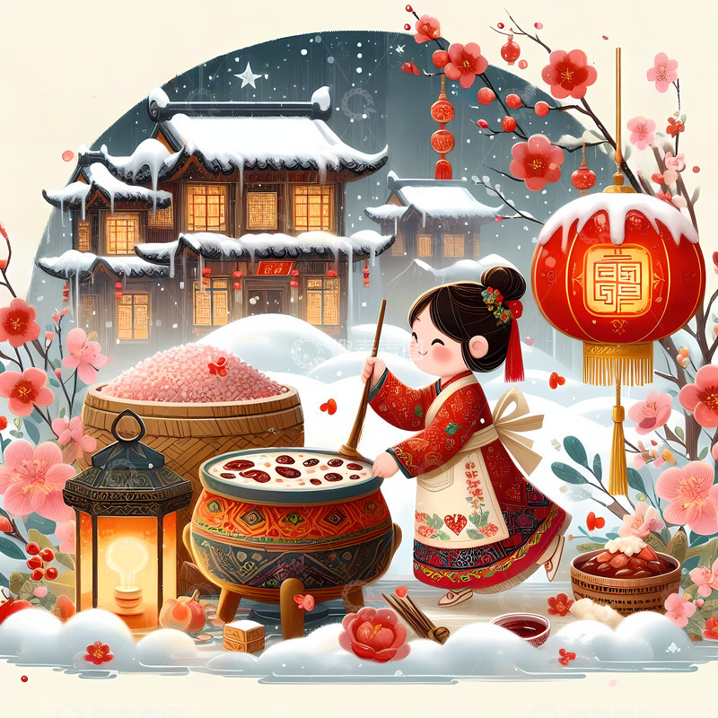 高清大图下载【趣麦麦图】腊八节煮腊八粥国潮风女孩