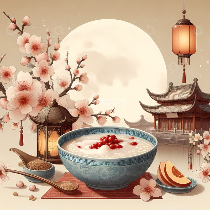 高清大图下载【趣麦麦图】腊八节腊八粥梅花国潮风