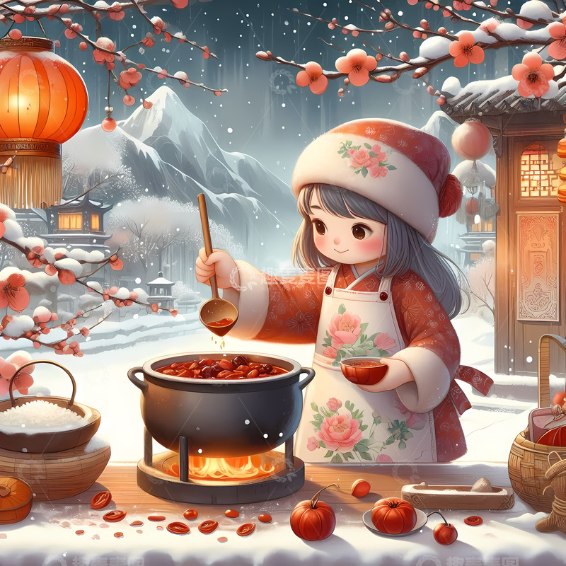 高清大图下载【趣麦麦图】腊八节煮腊八粥冬天大雪国潮