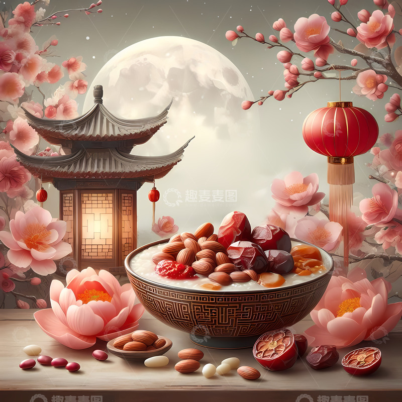 高清大图下载【趣麦麦图】国潮腊八节腊八粥梅花灯笼
