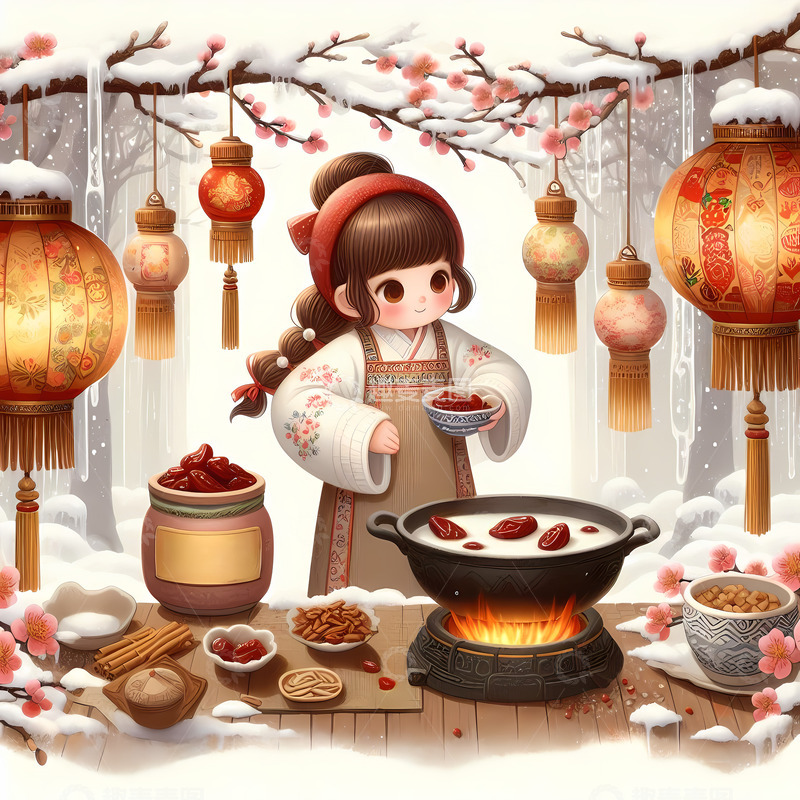 高清大图下载【趣麦麦图】腊八节煮腊八粥小女孩冬天节日国潮风