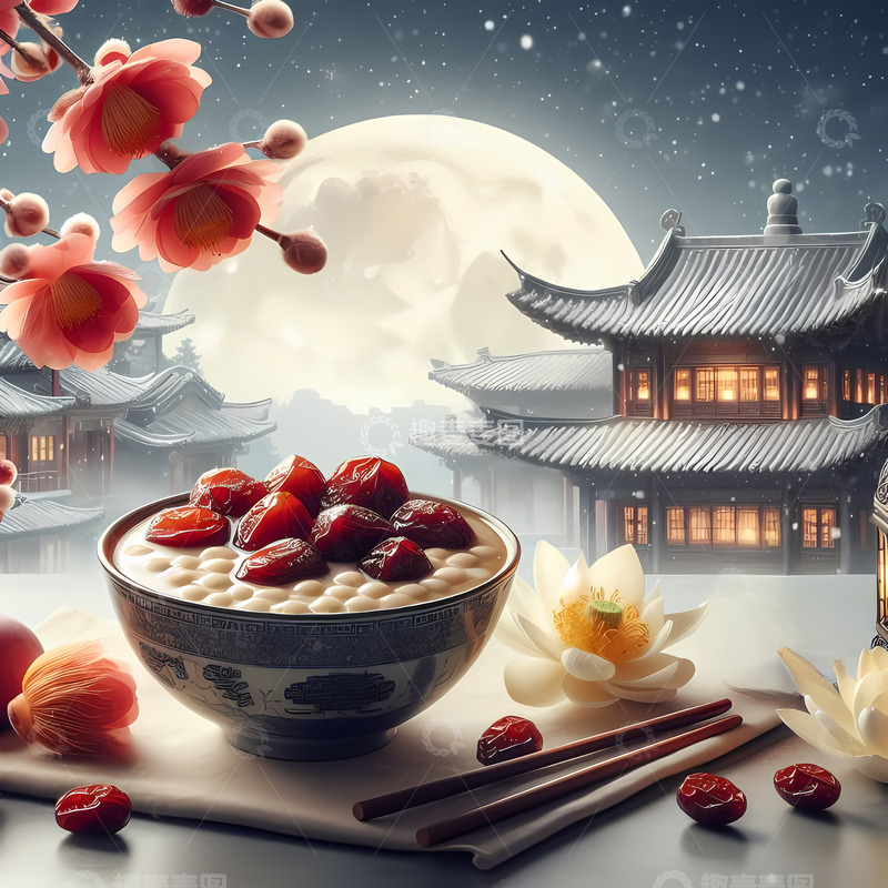 高清大图下载【趣麦麦图】腊八节腊八粥梅花雪月亮国潮