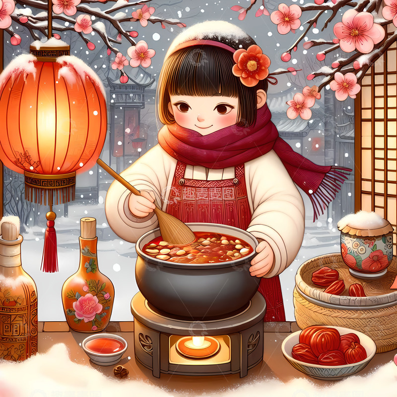 高清大图下载【趣麦麦图】腊八节煮腊八粥国潮风