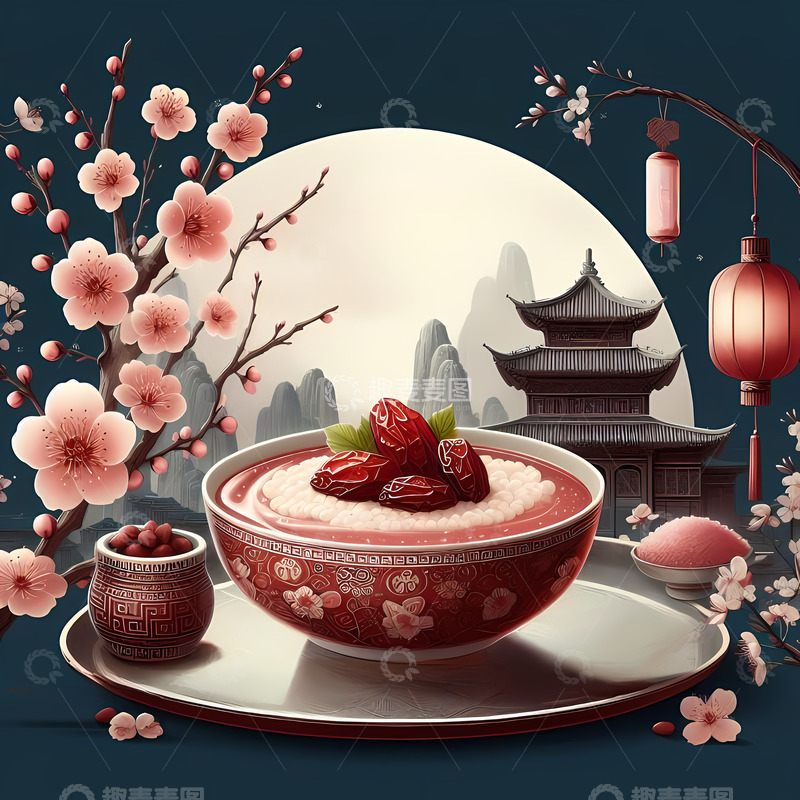 高清大图下载【趣麦麦图】国潮风腊八节腊八粥梅花灯笼节日