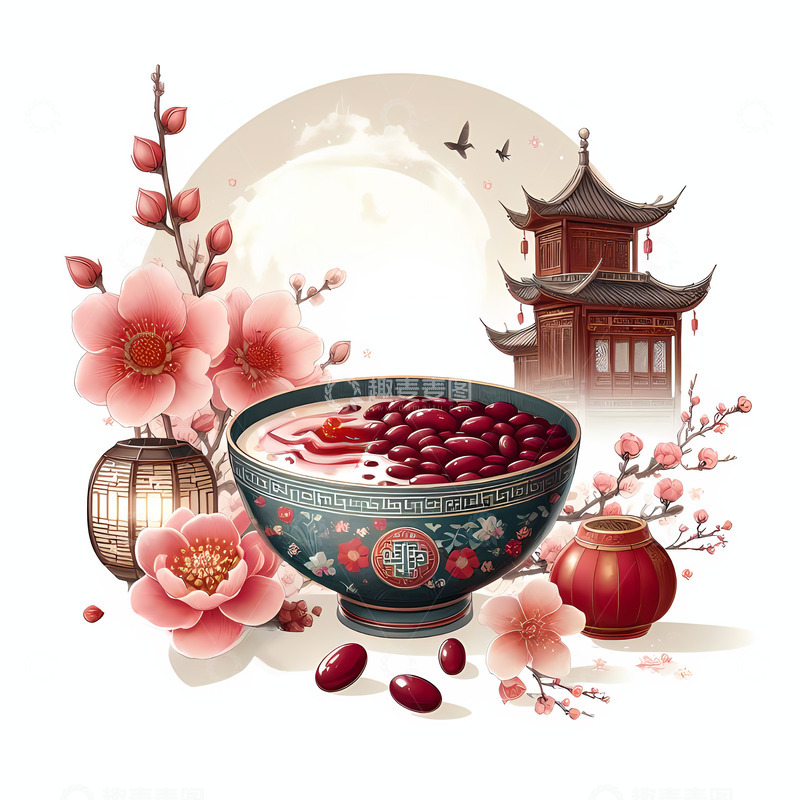 高清大图下载【趣麦麦图】腊八节腊八粥梅花灯笼国潮风
