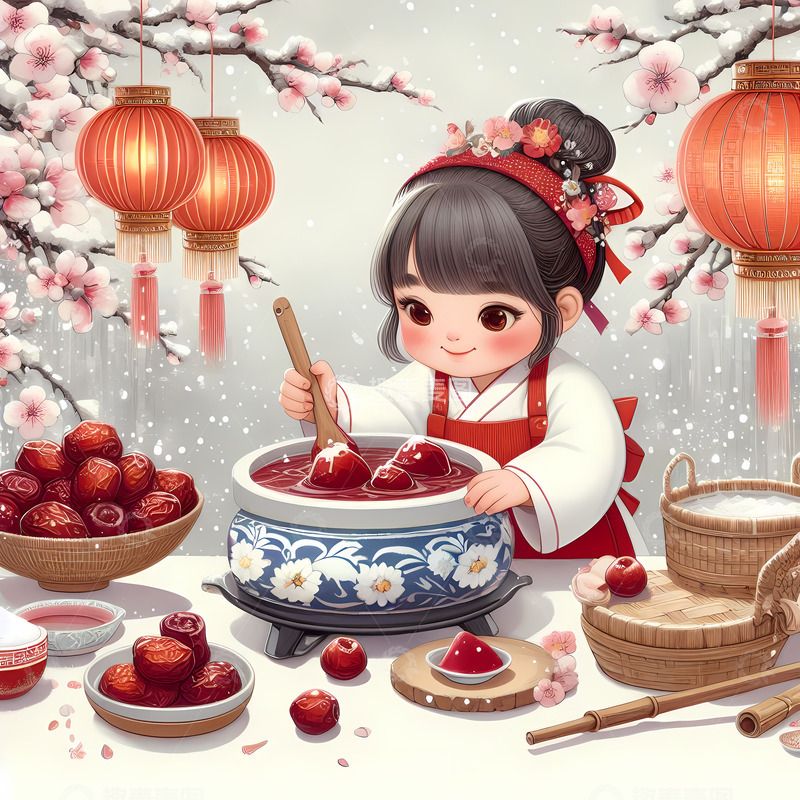 高清大图下载【趣麦麦图】腊八节煮腊八粥女孩国潮手绘