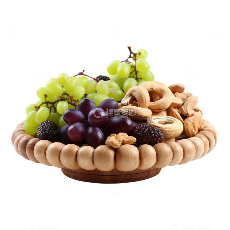 高清大图下载【趣麦麦图】腰果和葡萄装在木盘中