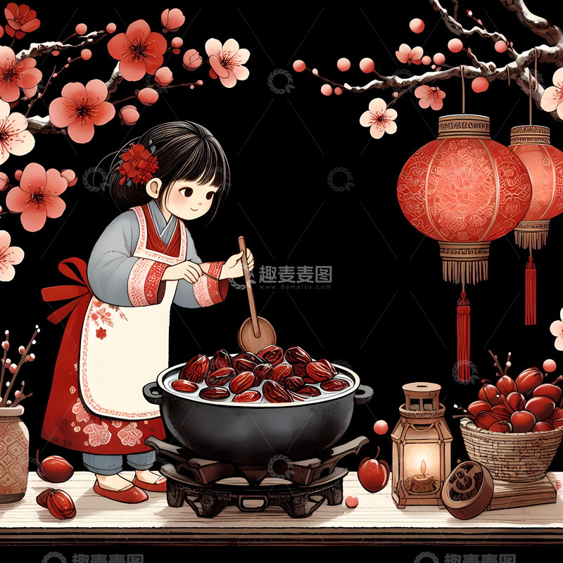 高清大图下载【趣麦麦图】腊八节煮腊八粥i女孩手绘卡通