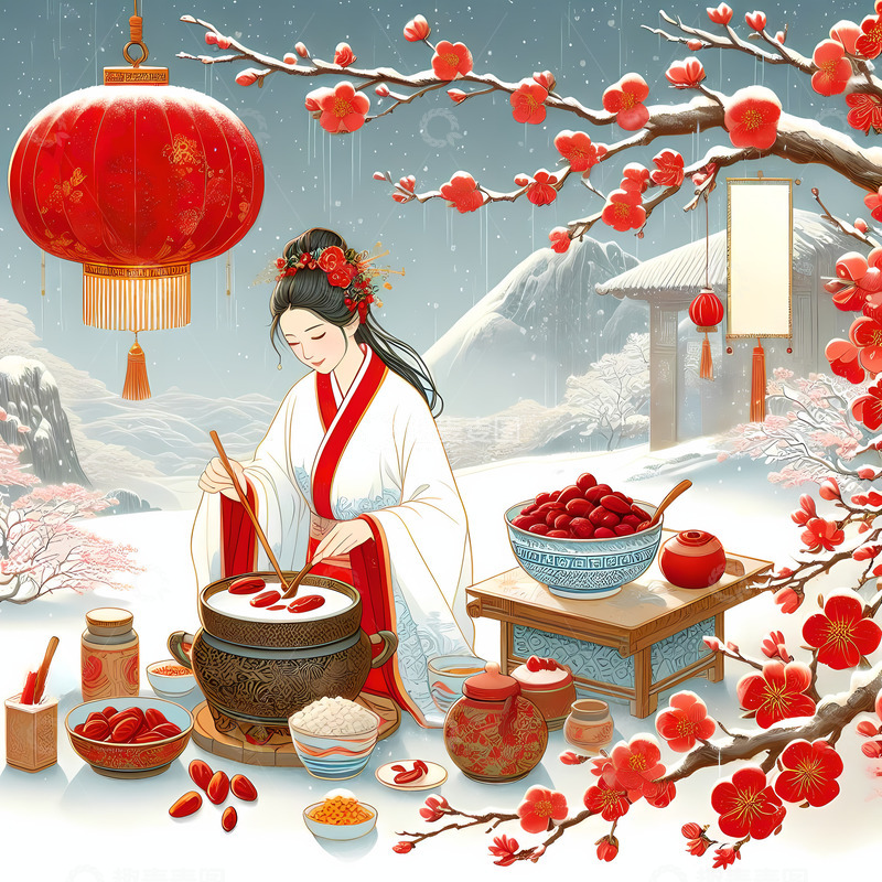 高清大图下载【趣麦麦图】国潮腊八节煮腊八粥冬天大雪